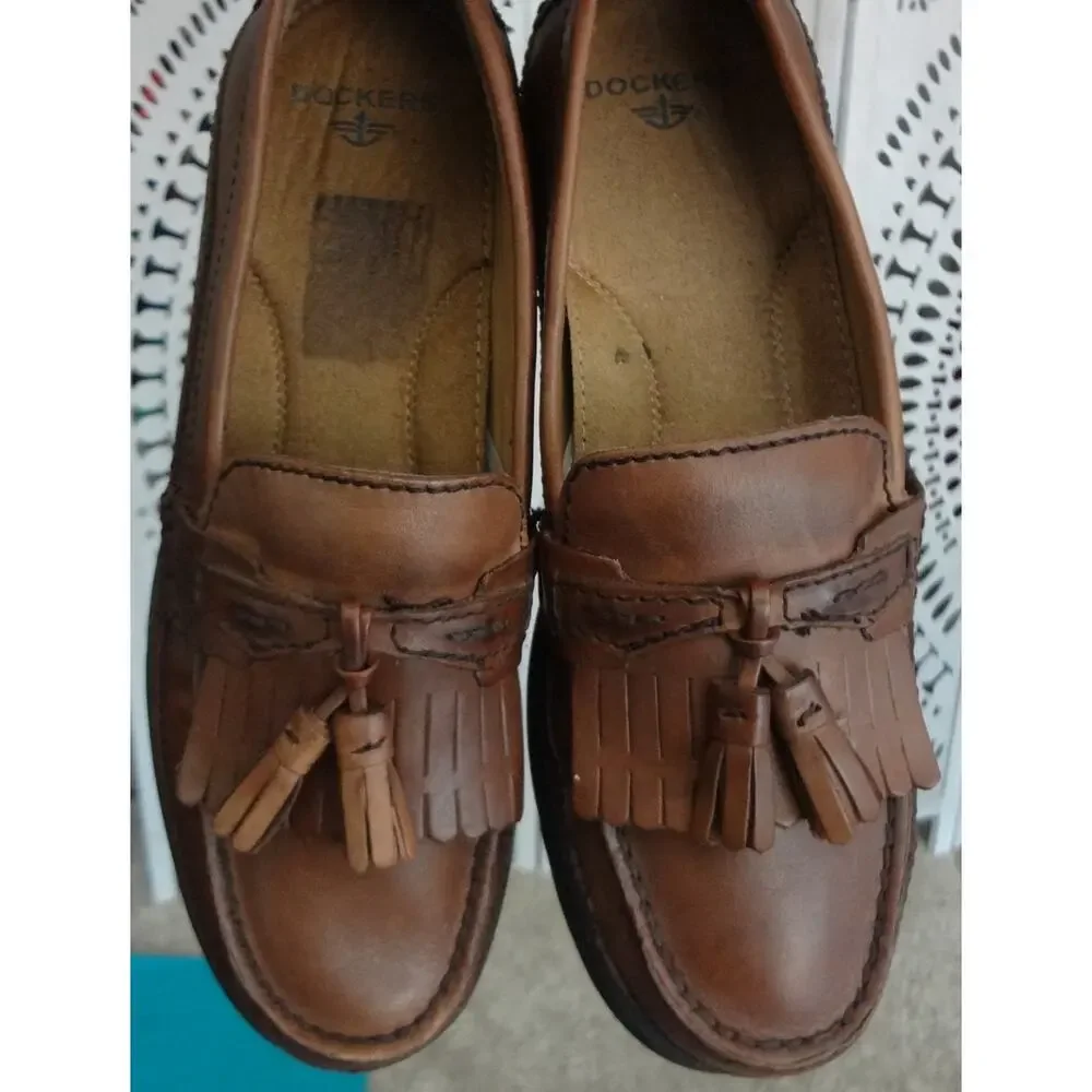 Vintage 90s Y2K DOCKERS Brown Leather Loafers Boat Men 9.5 Tassel Kiltie Casual